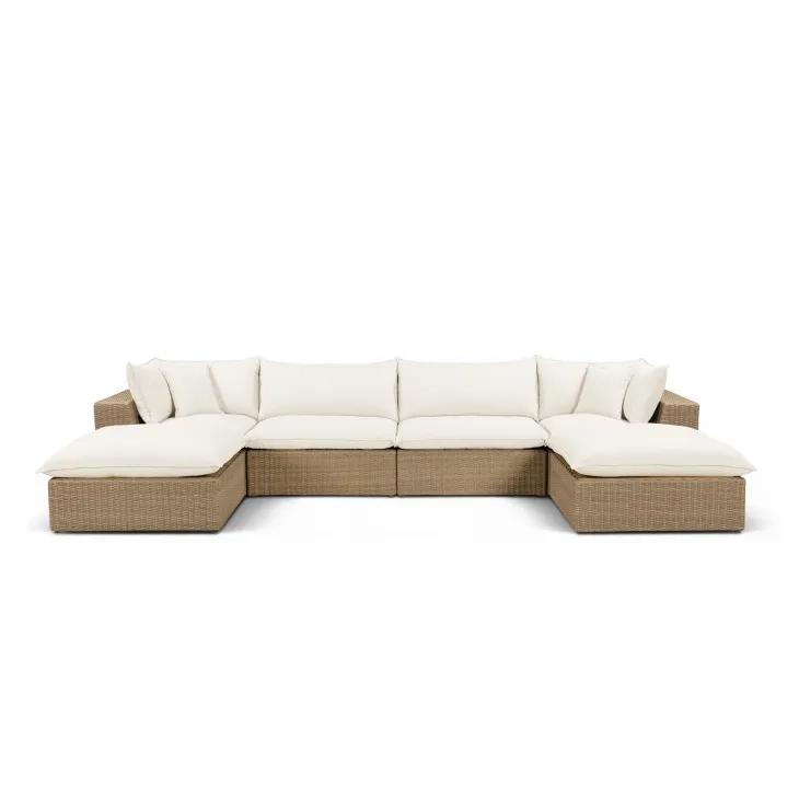 Cali Natural Performance Fabric & Brown Wicker Modular Outdoor U-Chaise Sectional