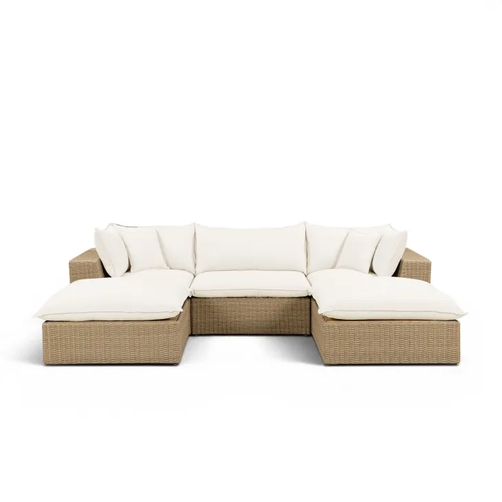 Cali Natural Performance Fabric & Brown Wicker Modular Outdoor Small U-Chaise Sectional