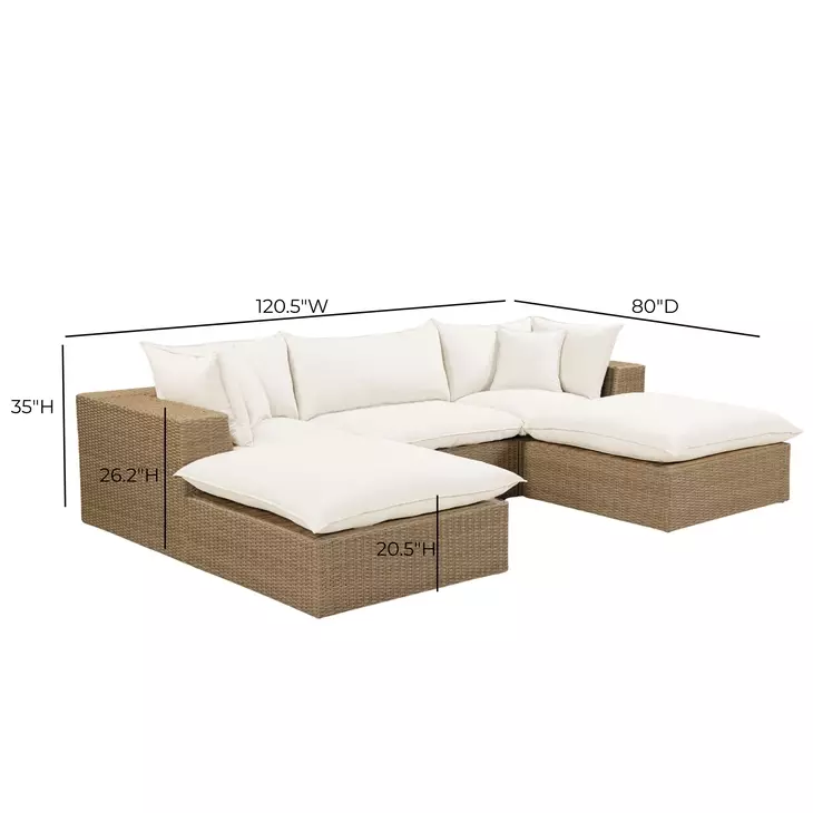 Cali Natural Performance Fabric & Brown Wicker Modular Outdoor Small U-Chaise Sectional
