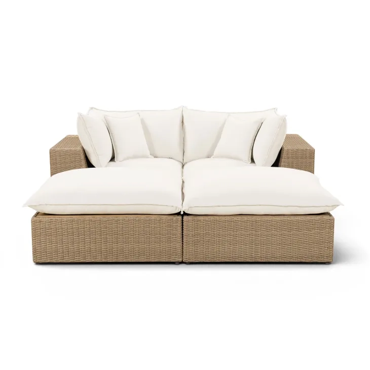 Cali Natural Performance Fabric & Brown Wicker Modular Outdoor Double Chaise