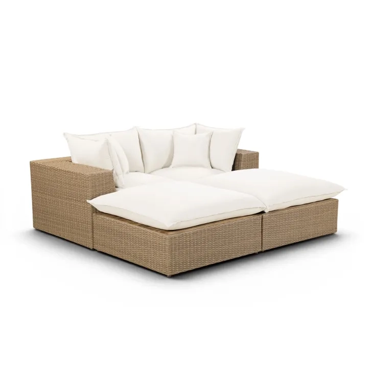 Cali Natural Performance Fabric & Brown Wicker Modular Outdoor Double Chaise