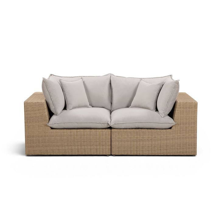 Cali Light Gray Fabric & Brown Wicker 80" Modular Outdoor Loveseat