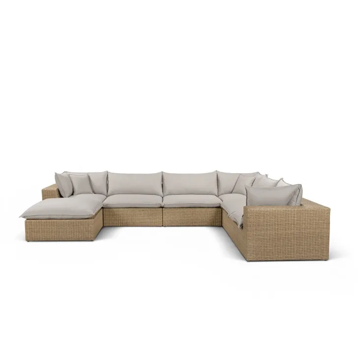 Cali Light Gray Fabric & Brown Wicker Modular Outdoor Large Chaise Sectional