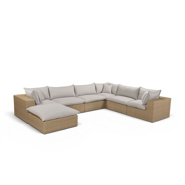 Cali Light Gray Fabric & Brown Wicker Modular Outdoor Large Chaise Sectional