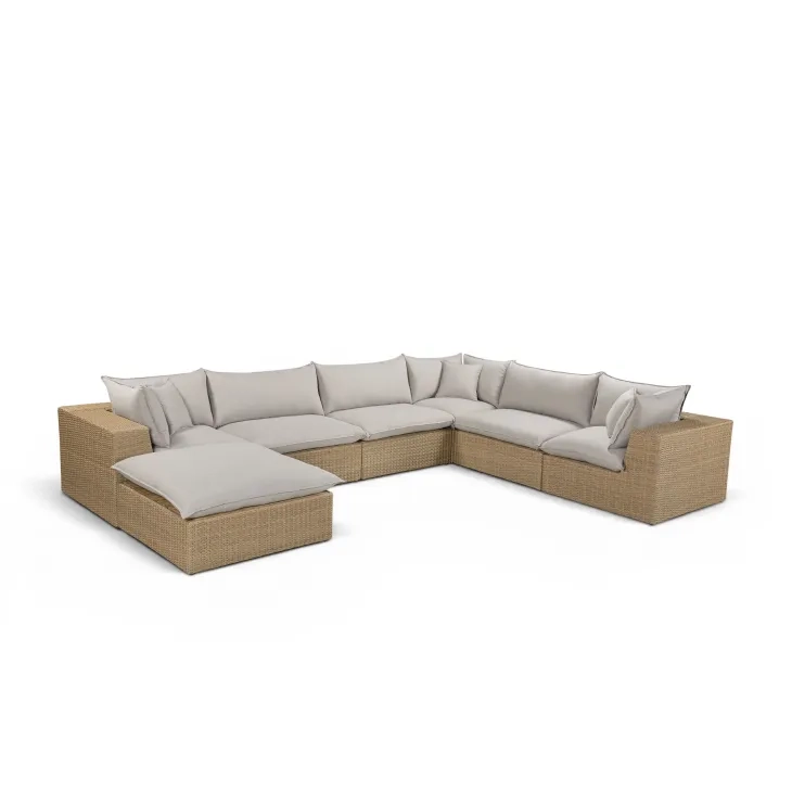 Cali Light Gray Fabric & Brown Wicker Modular Outdoor Large Chaise Sectional
