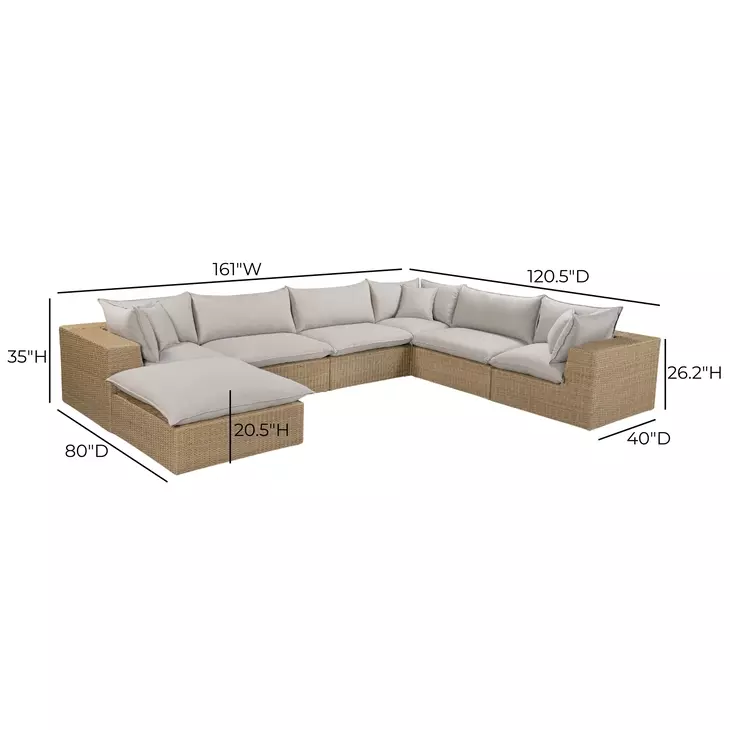 Cali Light Gray Fabric & Brown Wicker Modular Outdoor Large Chaise Sectional