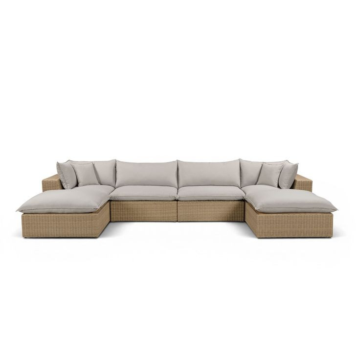 Cali Light Gray Fabric & Brown Wicker Modular Outdoor U-Chaise Sectional
