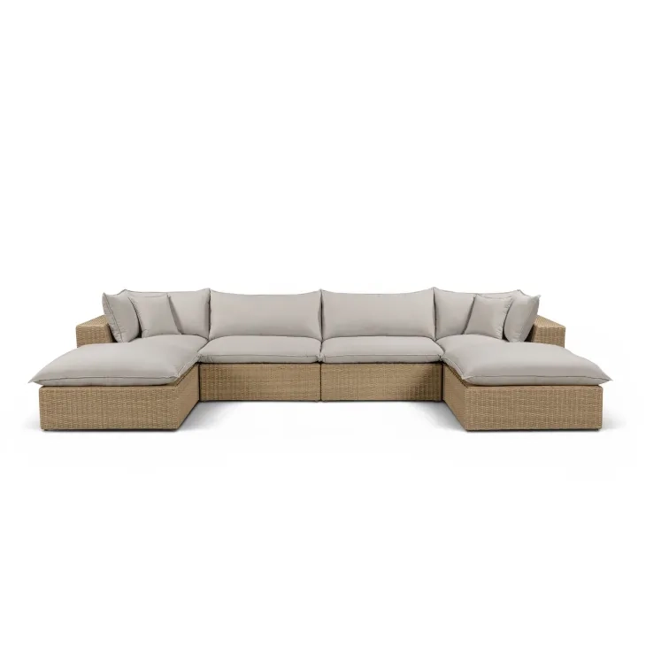 Cali Light Gray Fabric & Brown Wicker Modular Outdoor U-Chaise Sectional