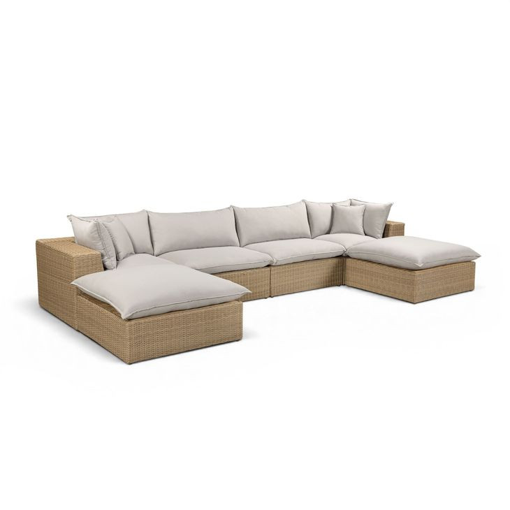Cali Light Gray Fabric & Brown Wicker Modular Outdoor U-Chaise Sectional