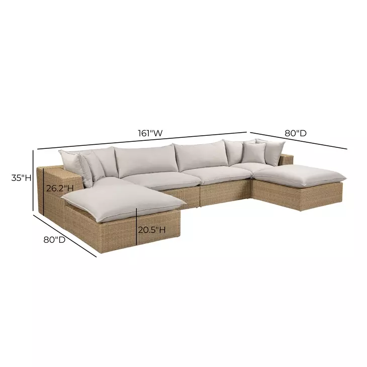 Cali Light Gray Fabric & Brown Wicker Modular Outdoor U-Chaise Sectional