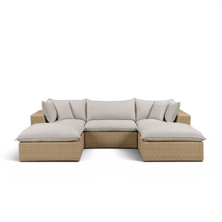 Cali Light Gray Fabric & Brown Wicker Modular Outdoor Small U-Chaise Sectional