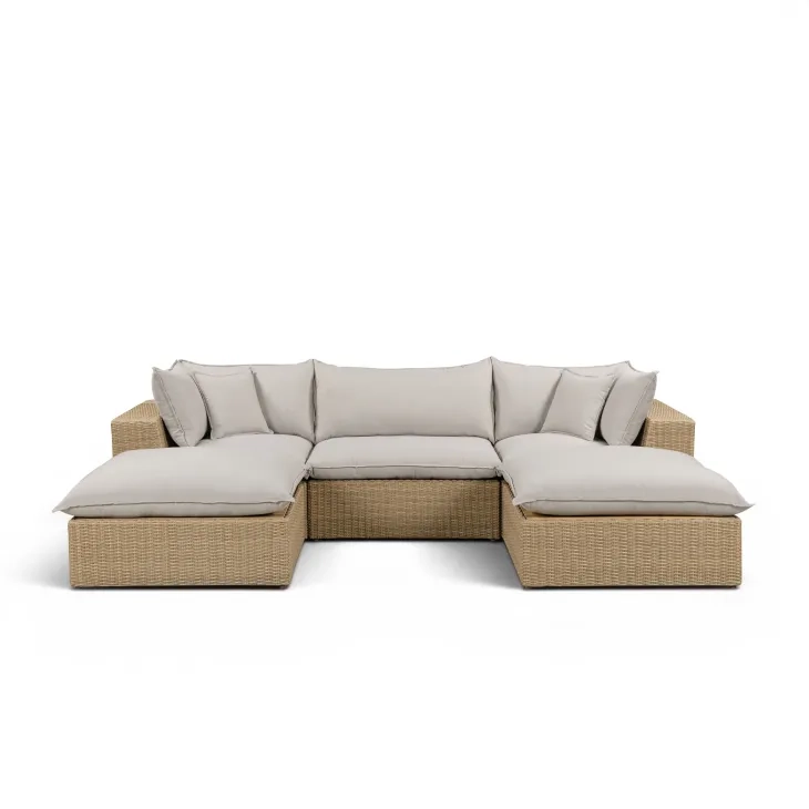 Cali Light Gray Fabric & Brown Wicker Modular Outdoor Small U-Chaise Sectional