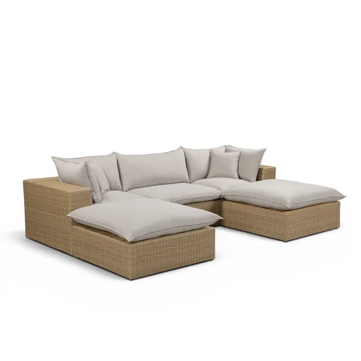 Cali Light Gray Fabric & Brown Wicker Modular Outdoor Small U-Chaise Sectional