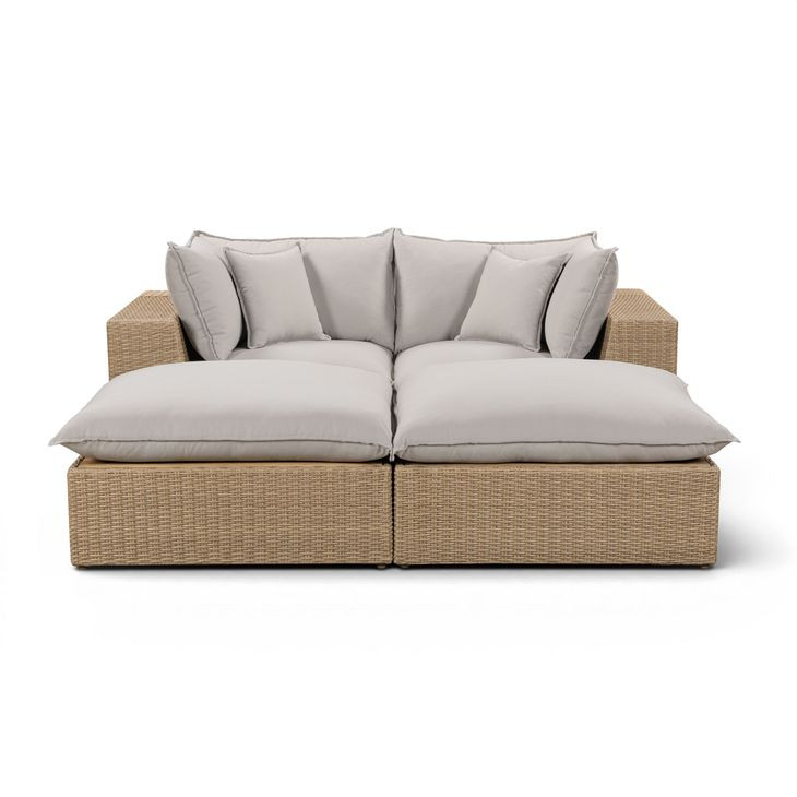 Cali Light Gray Fabric & Brown Wicker Modular Outdoor Double Chaise