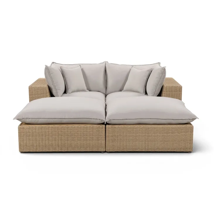 Cali Light Gray Fabric & Brown Wicker Modular Outdoor Double Chaise