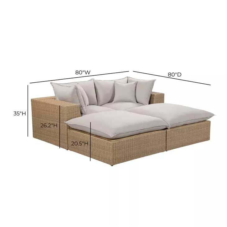 Cali Light Gray Fabric & Brown Wicker Modular Outdoor Double Chaise
