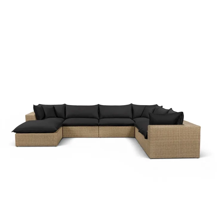 Cali Black Fabric & Brown Wicker Modular Outdoor Large Chaise Sectional