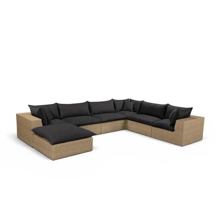 Cali Black Fabric & Brown Wicker Modular Outdoor Large Chaise Sectional