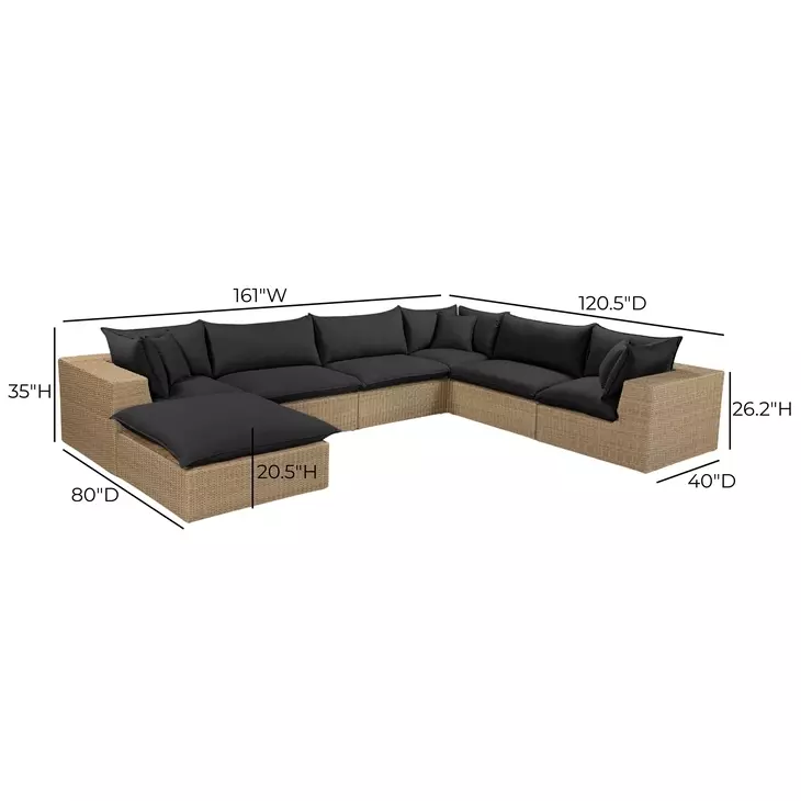 Cali Black Fabric & Brown Wicker Modular Outdoor Large Chaise Sectional