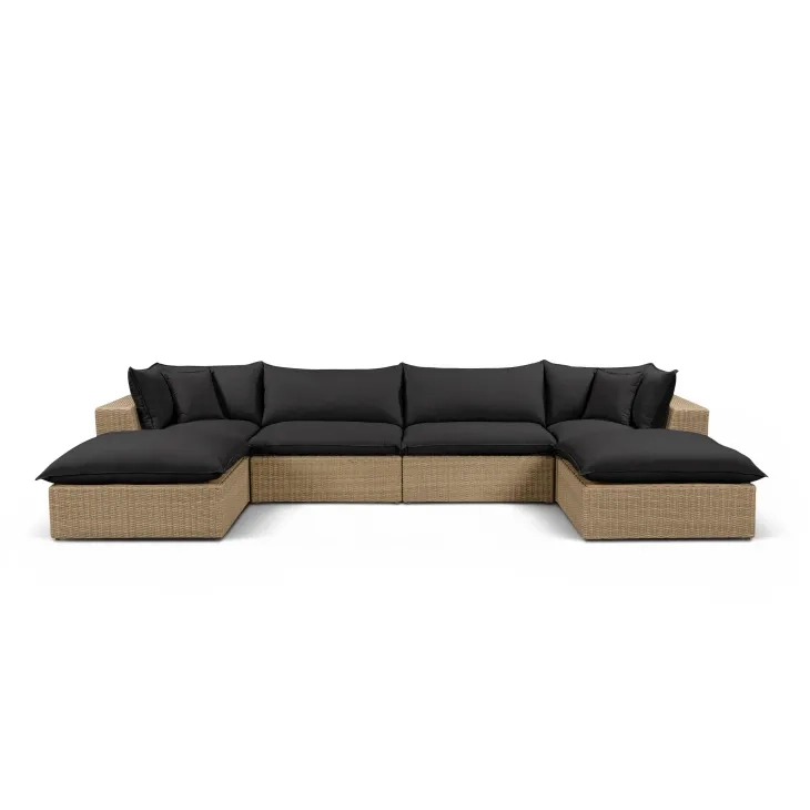 Cali Black Fabric & Brown Wicker Modular Outdoor U-Chaise Sectional