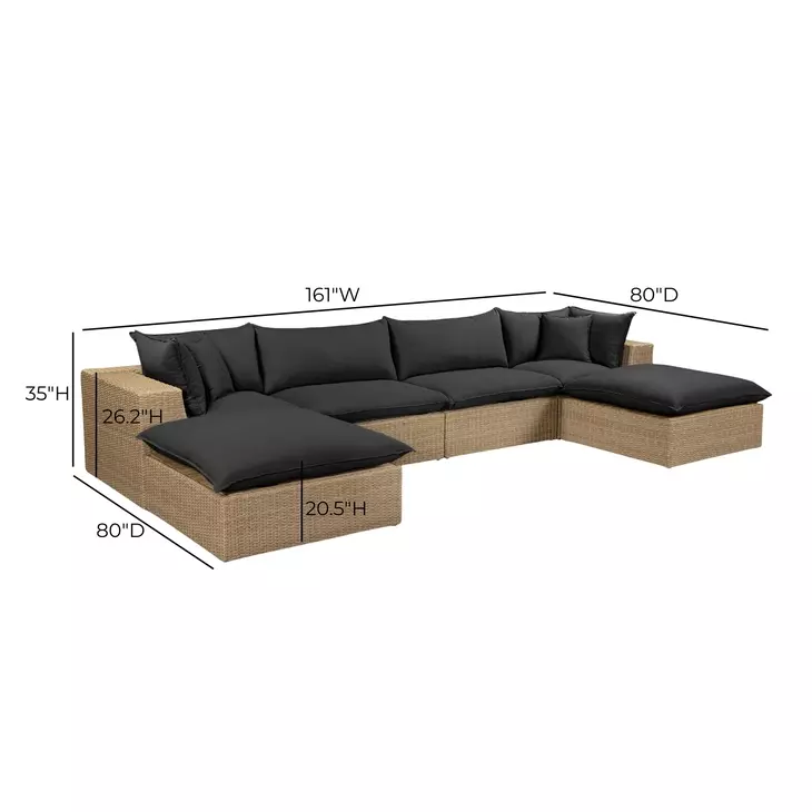 Cali Black Fabric & Brown Wicker Modular Outdoor U-Chaise Sectional
