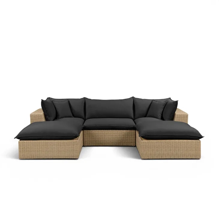 Cali Black Fabric & Brown Wicker Modular Outdoor Small U-Chaise Sectional