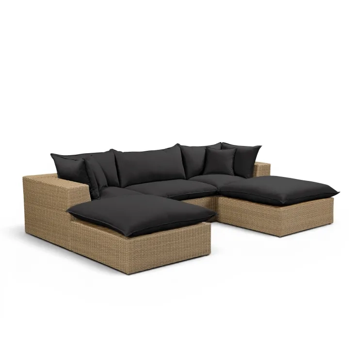 Cali Black Fabric & Brown Wicker Modular Outdoor Small U-Chaise Sectional