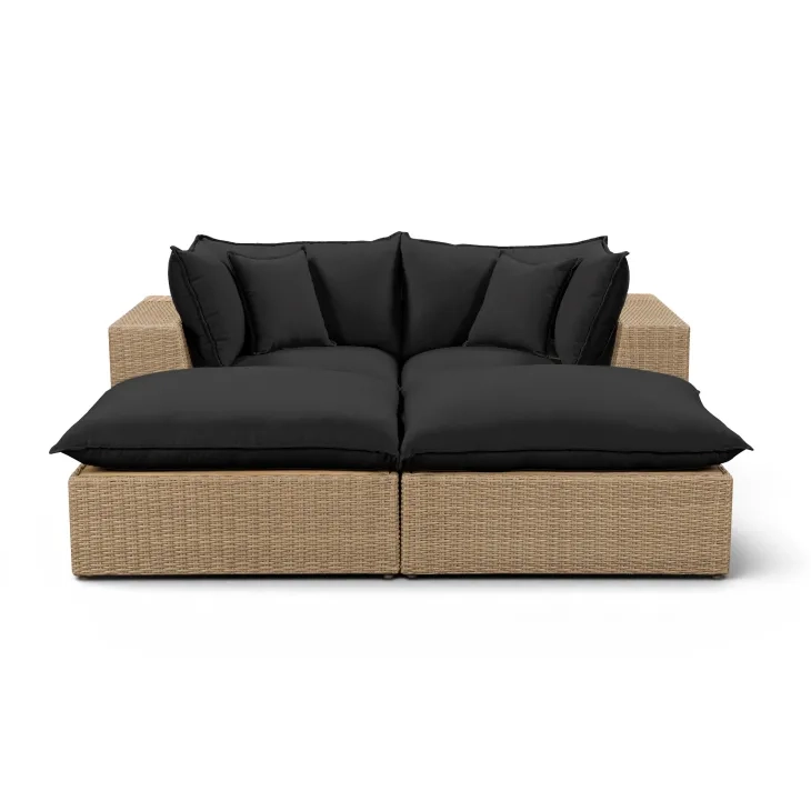 Cali Black Fabric & Brown Wicker Modular Outdoor Double Chaise