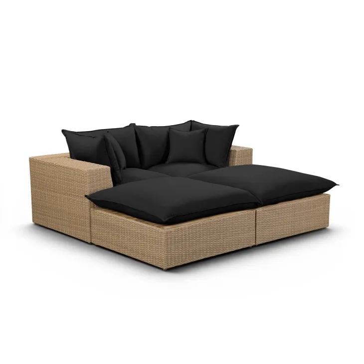 Cali Black Fabric & Brown Wicker Modular Outdoor Double Chaise