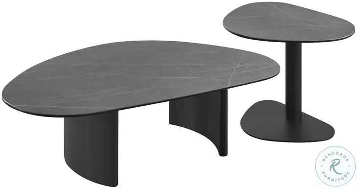 RH 9698 Matte Gray Ceramic Top And Black Occasional Table Set