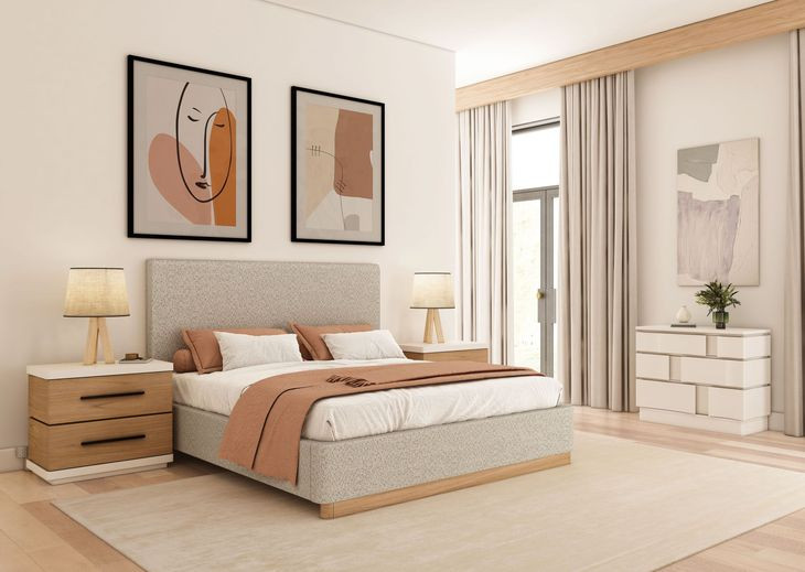 Portico Cuddle Natural and Sienna Queen Upholstered Panel Bedroom Set
