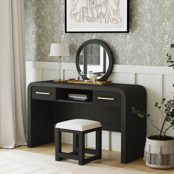 Woodridge Black Dressing Table and Round Mirror