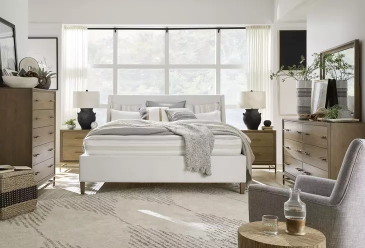 Lindon Belgian Wheat and White California King Upholstered Panel Bed