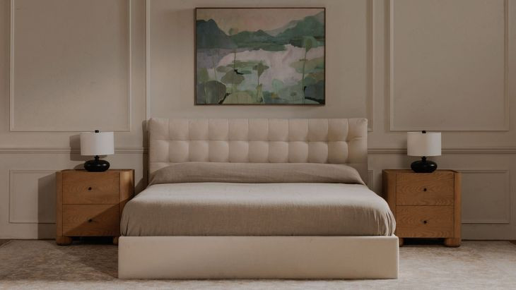 Sebastion Cream King Upholstered Storage Platform Bed