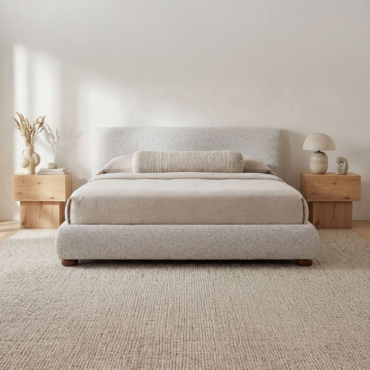 Beau Speckled Light Gray Upholstered Storage Platform Bedroom Set