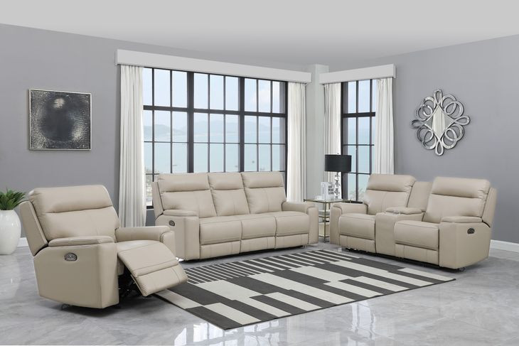 Bryant Taupe Leather Lay Flat Power Reclining Living Room Set with USB Charging