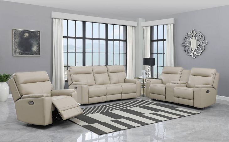 Bryant Taupe Leather Lay Flat Power Reclining Living Room Set with USB Charging