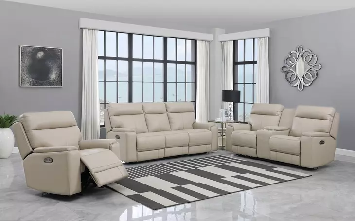 Bryluxe Taupe Leather Lay Flat Power Reclining Living Room Set with USB Charging
