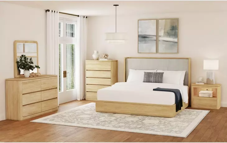 Camelot Natural and Gray King Upholstered Panel Bed