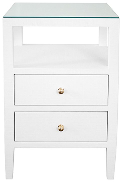 Roscoe White Lacquer Square 2 Drawer Glass Top Side Table