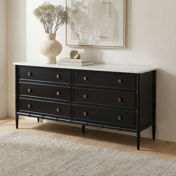Eleanor Black Marble Top 6 Drawer Dresser
