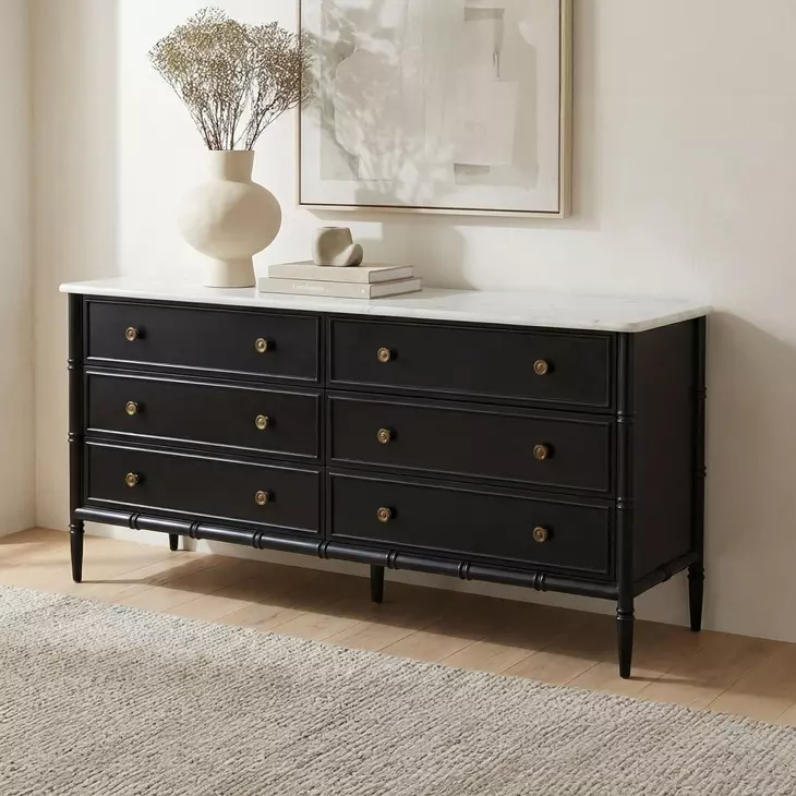 Eleanor Black Marble Top 6 Drawer Dresser
