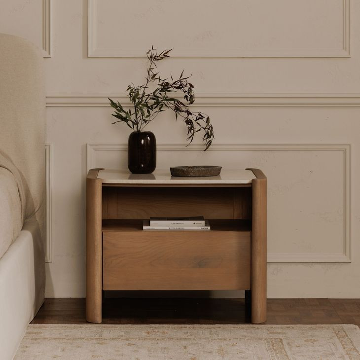Lane Natural and Beige 1 Drawer Marble Top Nightstand
