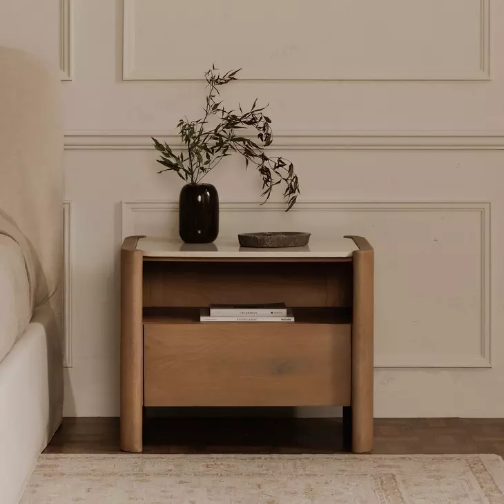Lane Natural and Beige 1 Drawer Marble Top Nightstand