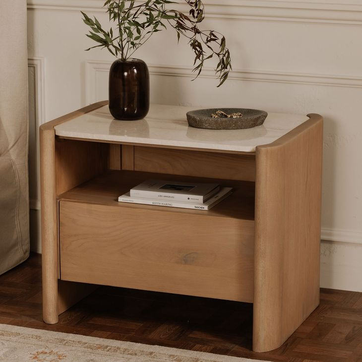 Lane Natural and Beige 1 Drawer Marble Top Nightstand