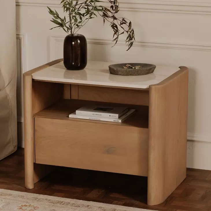 Lane Natural and Beige 1 Drawer Marble Top Nightstand