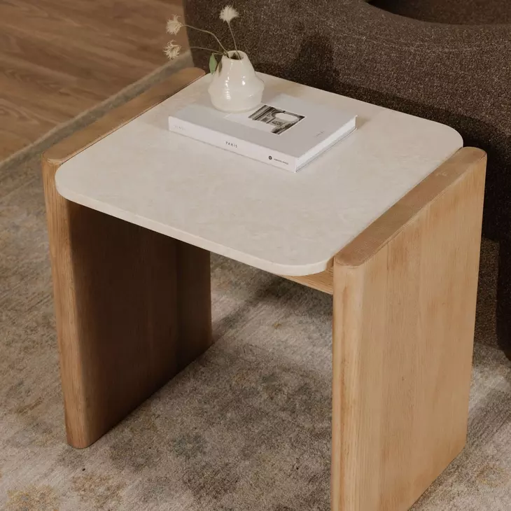 Lane Natural and Beige Rectangular Marble Top Accent Table