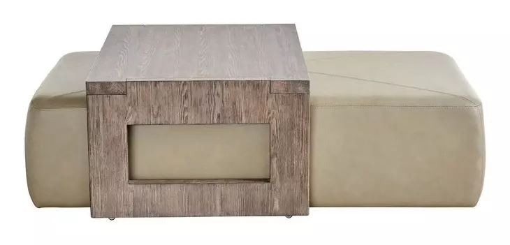 Dwell Aline Beige and Boulder Leather Upholstered Nesting Cocktail Table with Rectangular Ottoman