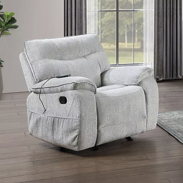 Chablis Mist Gray Glider Recliner with Heat and Massage