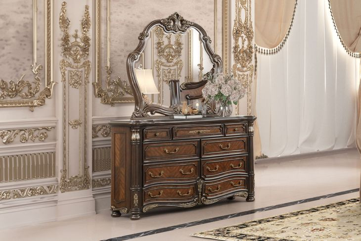 Bella Notte Mahogany Brown 9 Drawer Marble Top Dresser